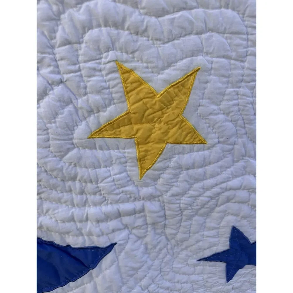Handmade Bright Celestial Quilt Wholecloth Applique 81”x63” Twin Moon & Stars